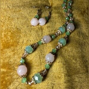 Green and Gold Beaded Necklace and Earring Set